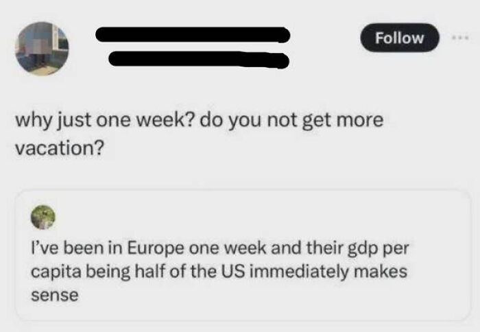 Screenshot of an American confused about European vacation time, linking it to GDP per capita.