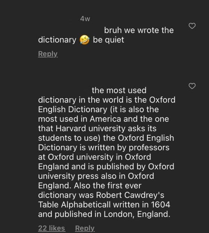 A screenshot of social media comments where one person incorrectly claims Americans wrote the dictionary, illustrating American confusion.