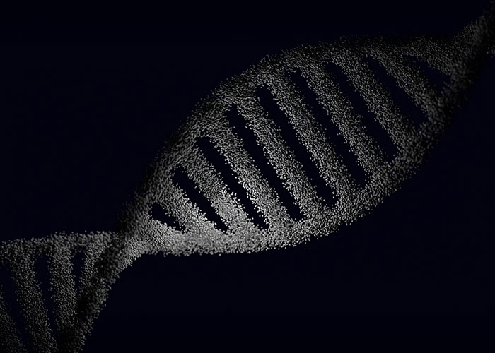 A detailed view of a DNA strand, representing impressive facts about the human body.