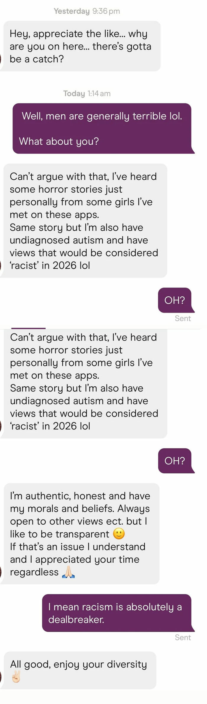A conversation showing a man making a racist comment, illustrating toxic men messaging women.