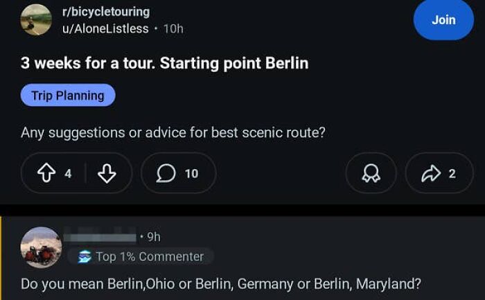 A screenshot showing an American asking for clarification on whether Berlin refers to Berlin, Ohio; Berlin, Germany; or Berlin, Maryland, proving people from the US are confused.