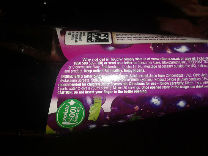 Hilariously dumb warning label: A Ribena bottle cautions, Do not insert your finger in the bottle opening.