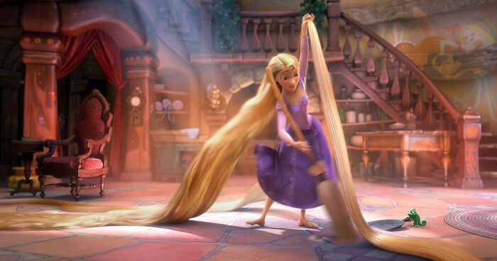 An animated Disney princess with long blonde hair sweeping the floor with her hair. Disney princess remake. An animated Disney princess with long blonde hair sweeping the floor with her hair. Disney princess remake.