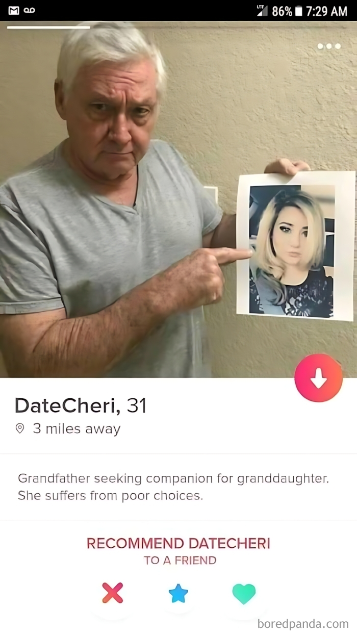A man points at a photo of a young woman, displaying his granddaughter's dating standards on a dating app profile.