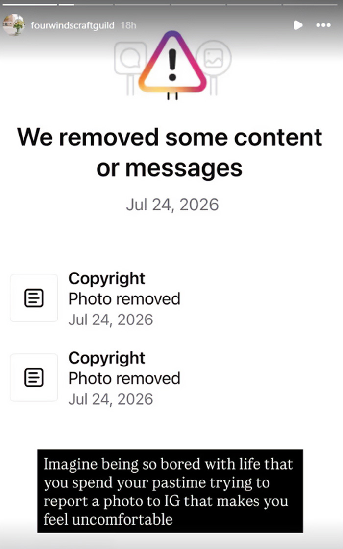 Screenshot of Instagram content removal notice with a user's comment about reporting photos, related to Nantucket store influencers.