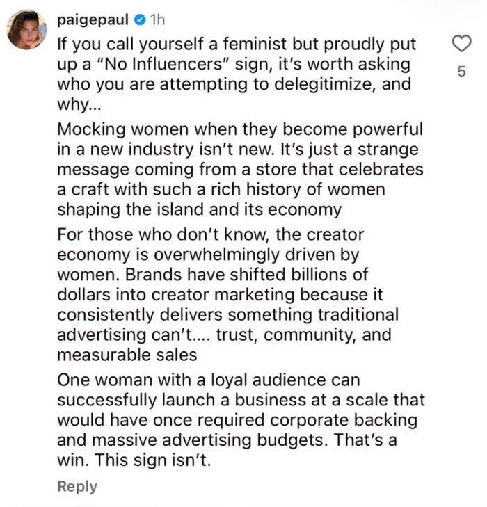 Screenshot of Paige Paul's lengthy rant about a Nantucket store's no influencers sign, sparking controversy.