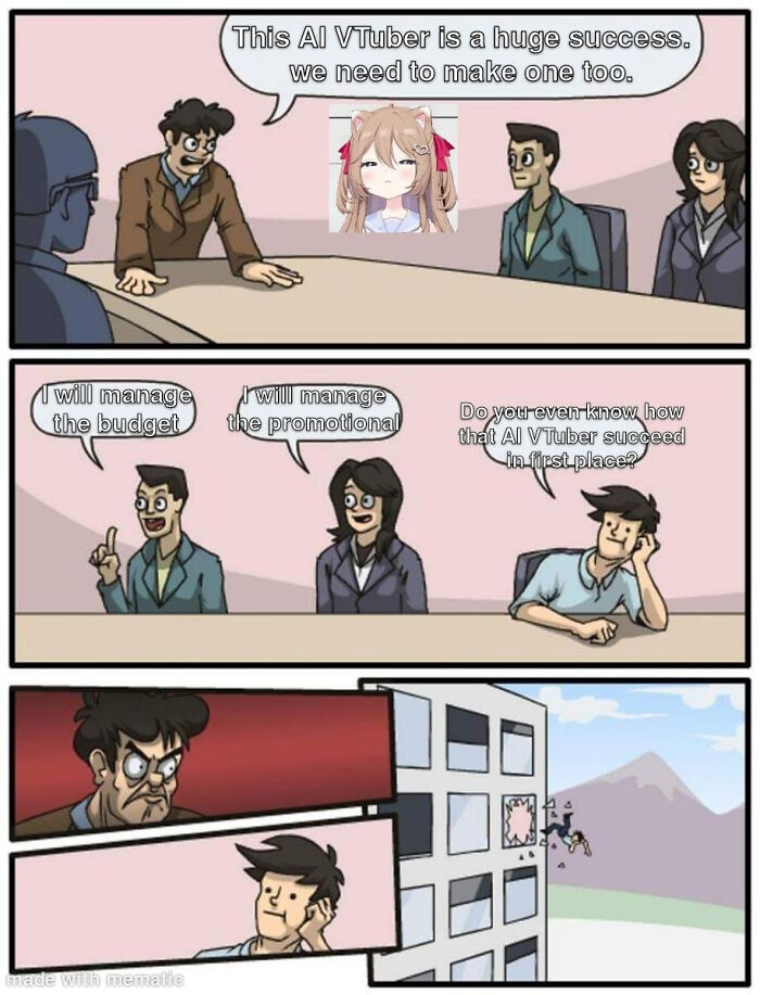 A funny AI meme depicting a meeting where an executive is thrown out a window for questioning an AI VTuber's success.