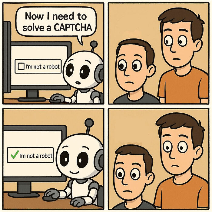 Relatable AI meme: a robot easily solves a CAPTCHA while humans look on.