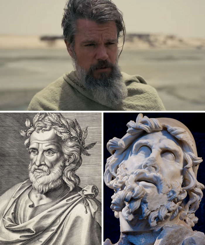 The Odyssey cast comparison: an actor with a beard, an ancient drawing of a man with a wreath, and a mythological marble bust.