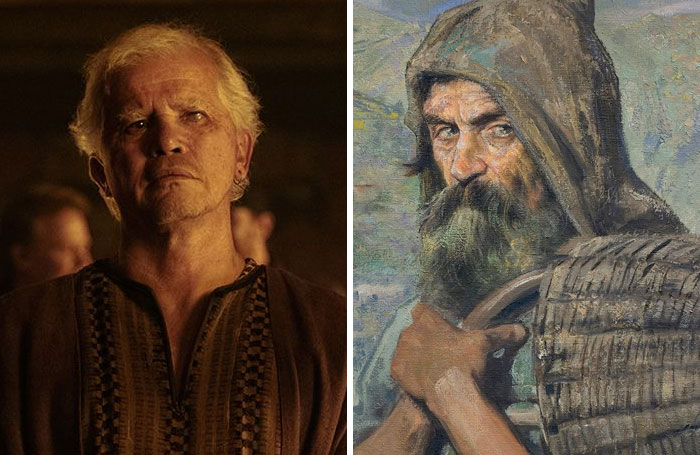 The Odyssey cast comparison: an actor with white hair and a painting of a bearded man in a hood.