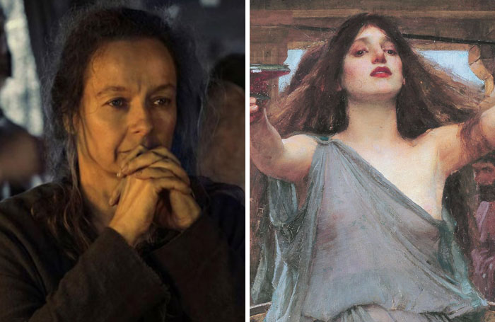 The Odyssey cast comparison: an actress with hands clasped and a classical painting of a woman with flowing hair.