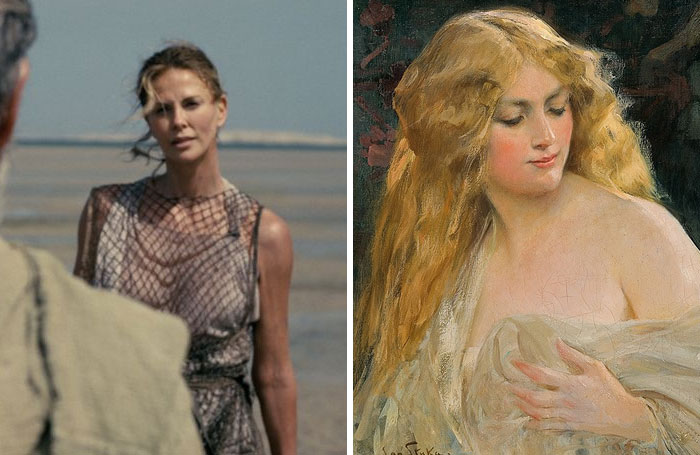 The Odyssey cast comparison: an actress on a beach and a classical painting of a woman with golden hair.