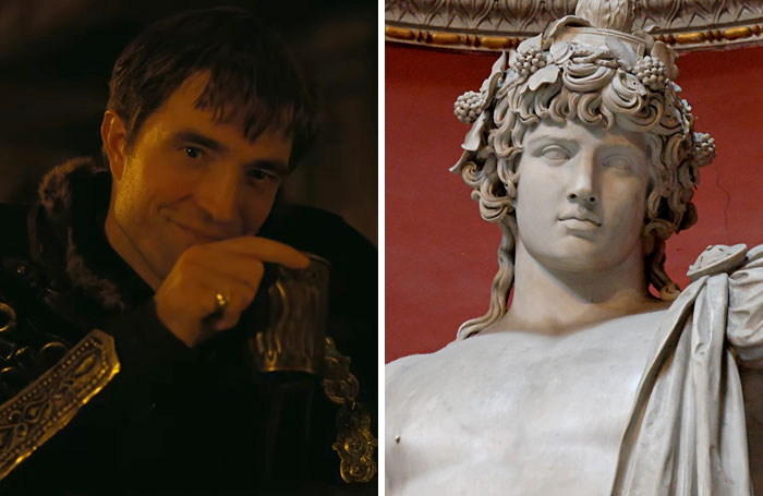 The Odyssey cast: Robert Pattinson as Poseidon next to his mythological counterpart, a detailed statue.