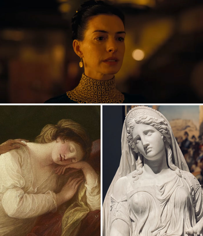 The Odyssey cast: Anne Hathaway as Penelope next to her mythological counterparts in two artworks.