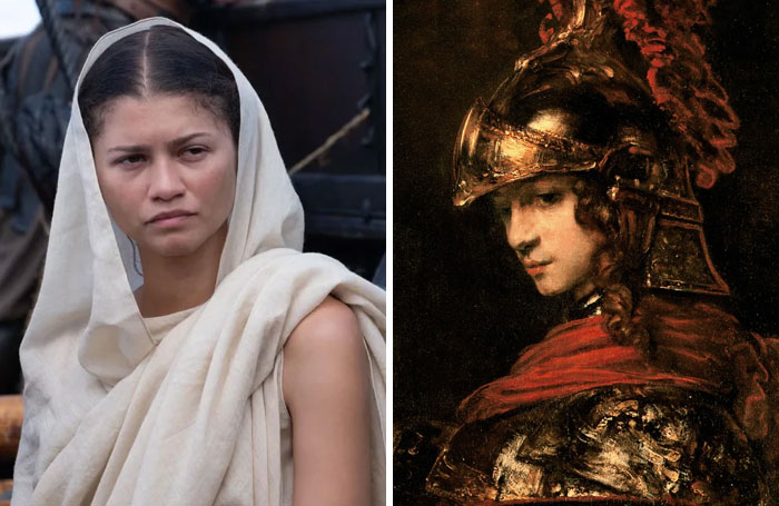The Odyssey cast: Zendaya as Circe next to her mythological counterpart depicted in a painting.