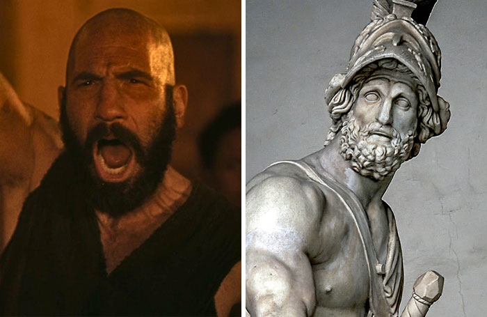The Odyssey cast: Dave Bautista as Polyphemus next to his mythological counterpart, a sculpted figure.