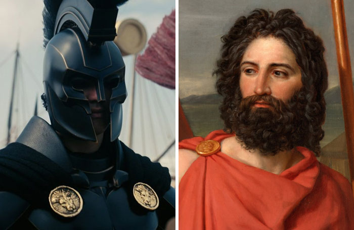 The Odyssey cast comparison: an actor in black armor and a classical painting of a bearded mythological figure.