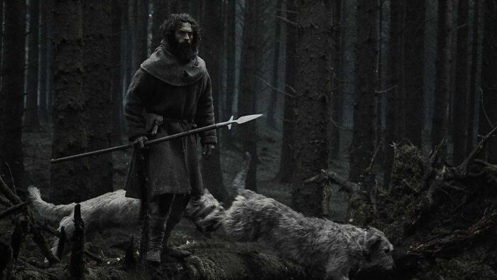 A dark, foreboding forest scene with a lone figure holding a spear, and two wolf-like dogs. The atmosphere suggests a historical or fantasy setting related to Hollywood's nepo baby plastic surgery. A dark, foreboding forest scene with a lone figure holding a spear, and two wolf-like dogs. The atmosphere suggests a historical or fantasy setting related to Hollywood's nepo baby plastic surgery.