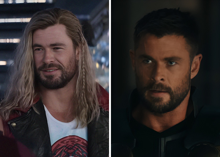 A split image showing character redesigns of Thor, from long blonde hair to short dark hair and beard, in Avengers: Doomsday.
