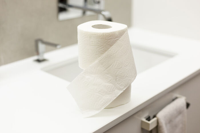 Two rolls of toilet paper sit on a clean bathroom counter next to a sink, a subtle detail in everyday extraordinary stories.