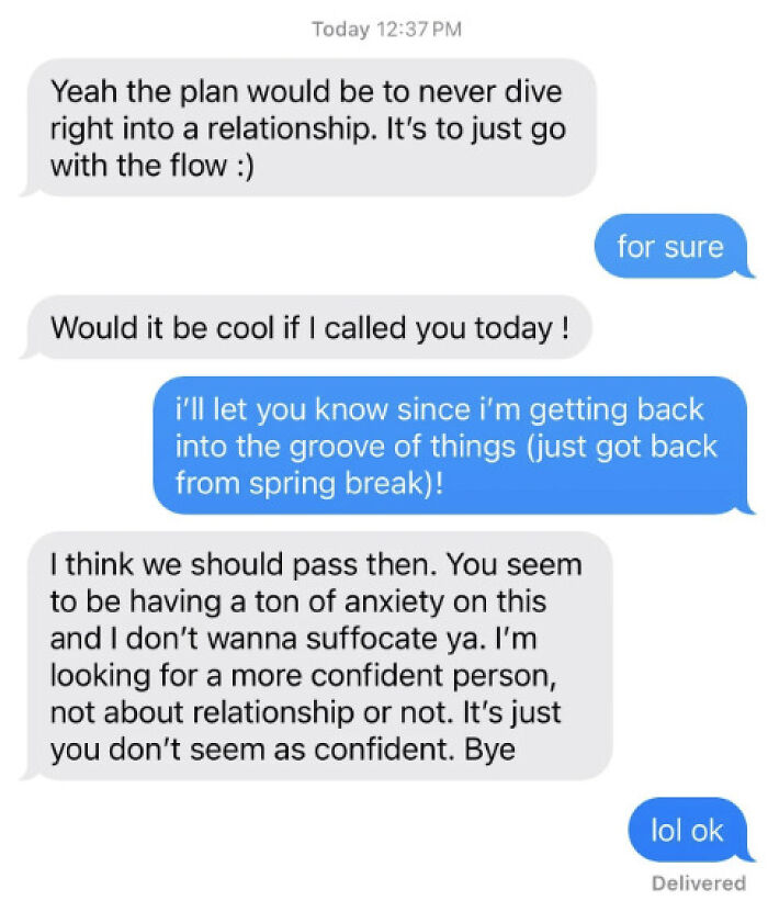 A screenshot of uncomfortable messaging where a man says a woman lacks confidence for not wanting to rush into a relationship.
