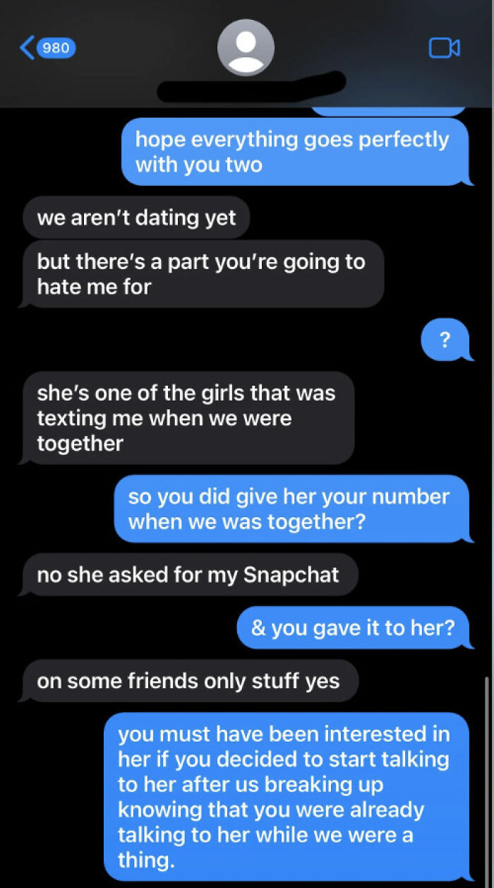 A woman messaging a toxic man confronts him about giving another girl his Snapchat while they were together, making her uncomfortable.