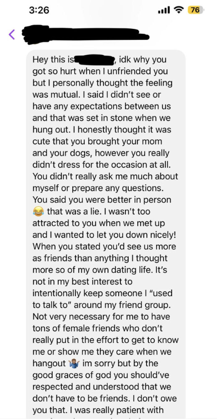 A woman messaging a toxic man receives a long, hurtful text justifying why he unfriended her, blaming her for being uncomfortable.