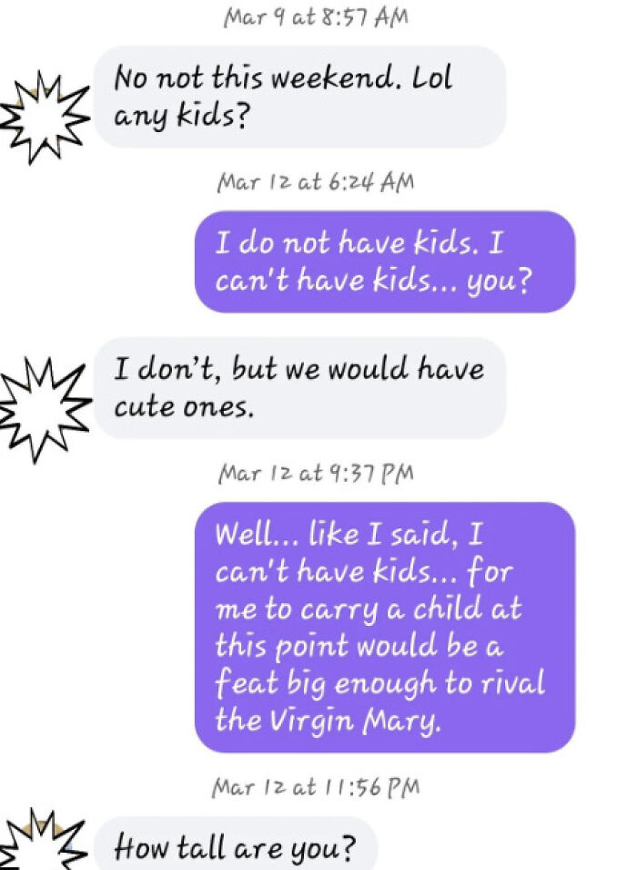 A woman messaging a toxic man discusses not being able to have children, yet the man persists in suggesting they would have cute ones.