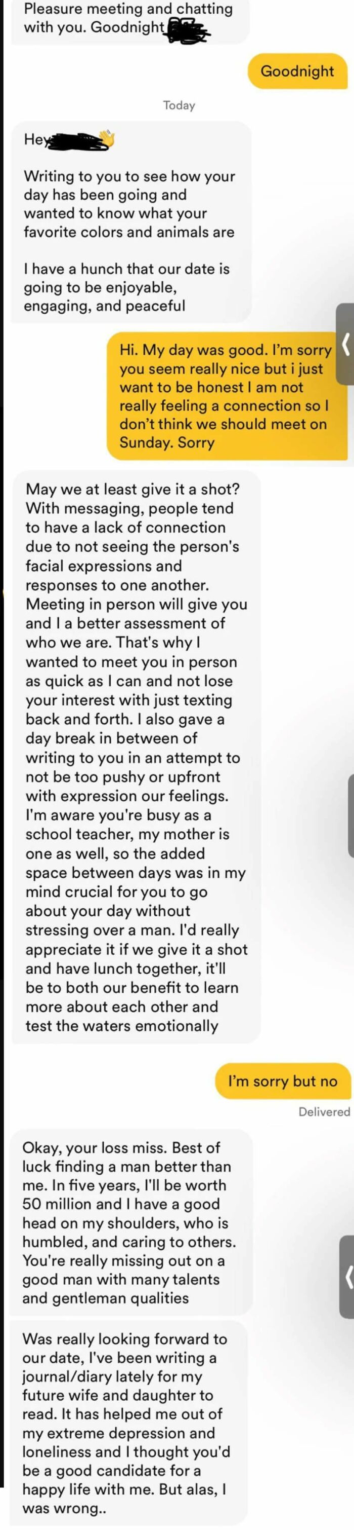 A screenshot showing an uncomfortable and disappointed woman's text message response from a toxic man.