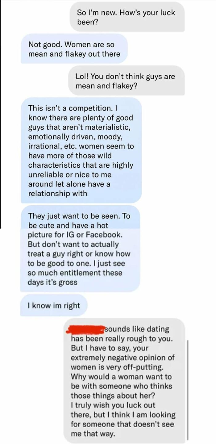 A screenshot showing an uncomfortable and disappointed woman's text message response from a toxic man.