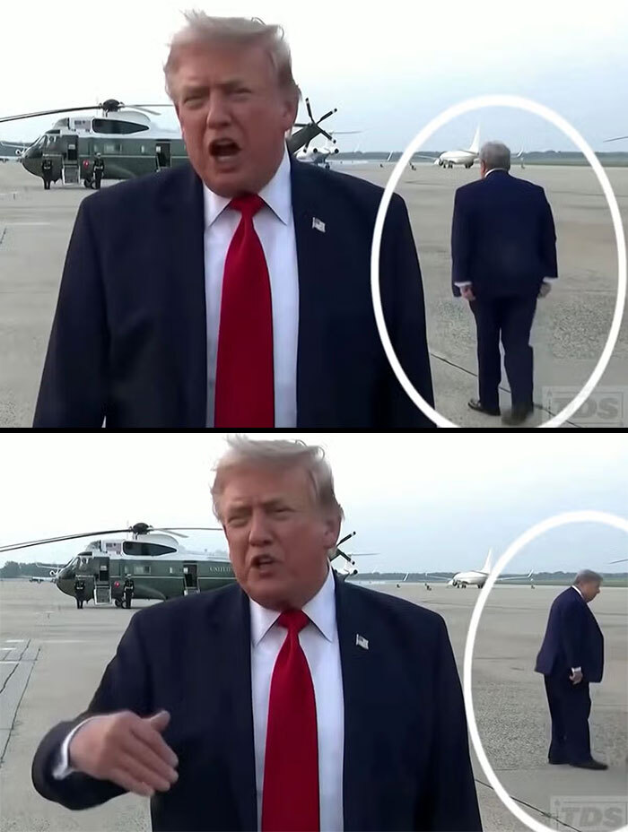Image of Donald Trump and a speculated body double on an airfield, highlighting the conspiracy theory. Image of Donald Trump and a speculated body double on an airfield, highlighting the conspiracy theory.