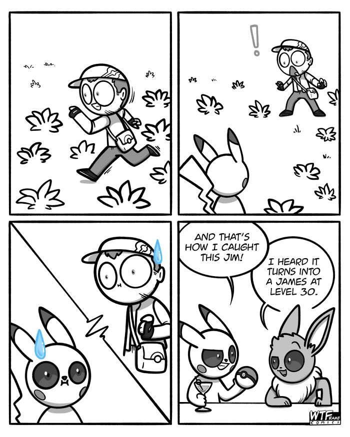 A WTFramecomics comic featuring a Pokémon trainer catching a unique Pikachu named 'Jim', hinting at evolution.