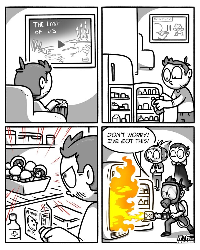 A WTFramecomics comic depicting a person inspired by 'The Last of Us' game, trying to find mushrooms in their fridge.