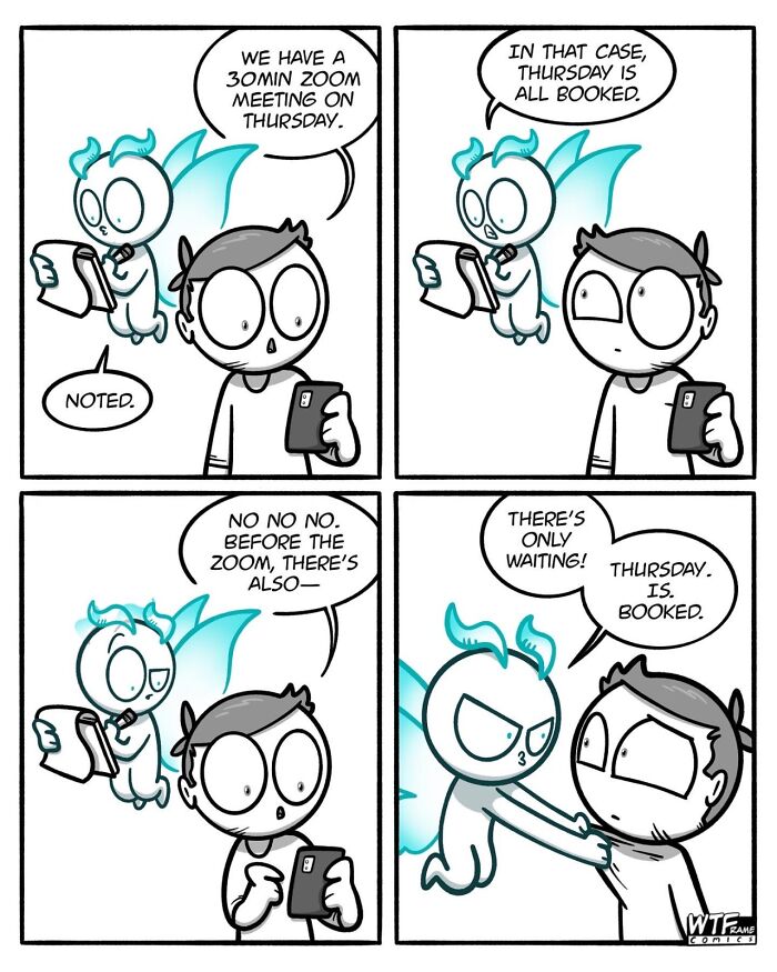 A WTFramecomics comic showing a person trying to schedule a meeting with a busy little spirit character.