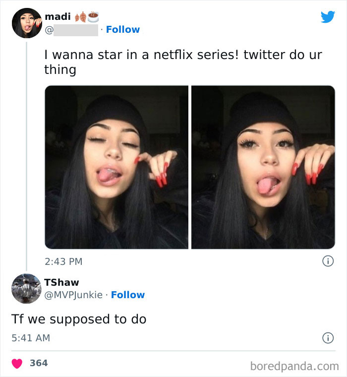 A tweet of a person wanting to star in a Netflix series with two selfies, and a reply asking what they are supposed to do, an example of stupidity online.