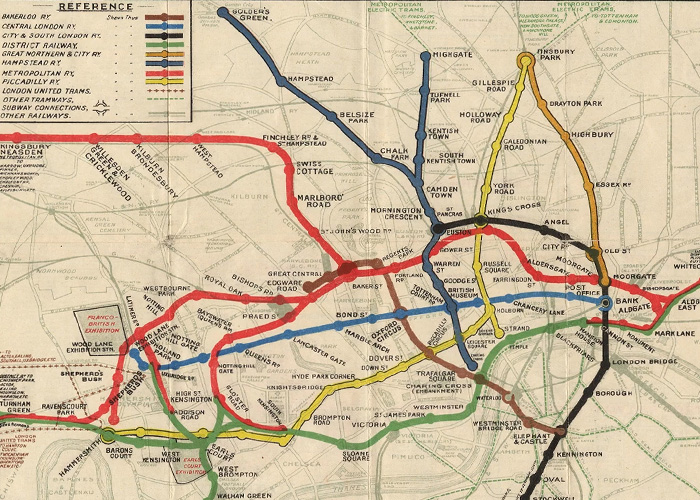 A vintage London Underground map, highlighting railway stations relevant to women's fear in Britain.