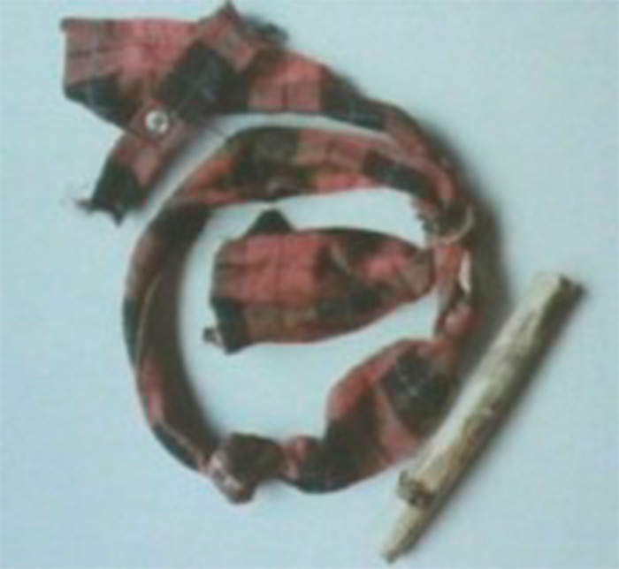 Red and black checkered fabric band with a button, next to a piece of wood, related to women near Britains railway stations.