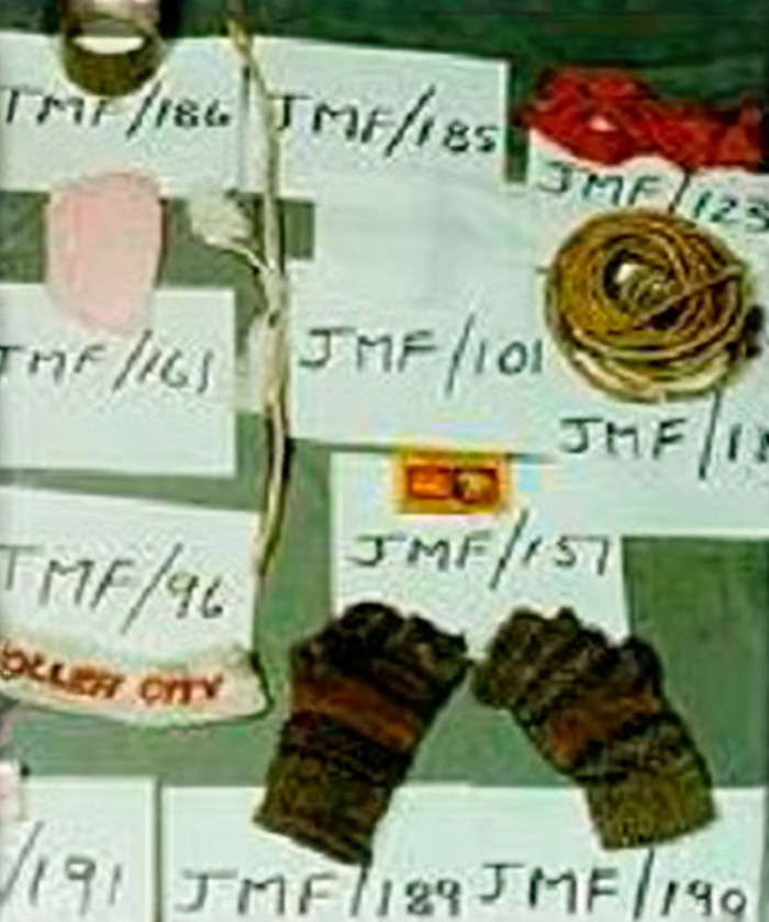 An evidence board displays numbered items including gloves, string, and fabric, related to railway station crimes that caused fear.