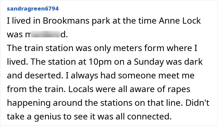 Screenshot of a comment from sandragreen6794 about women near Britains railway stations living in fear.