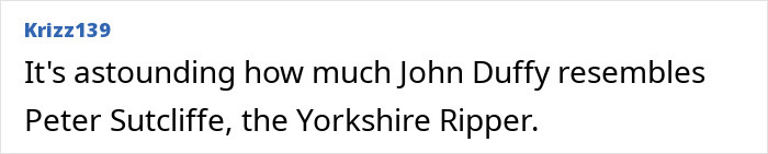 A comment noting John Duffy's resemblance to Peter Sutcliffe, the Yorkshire Ripper, highlighting fear near railway stations.