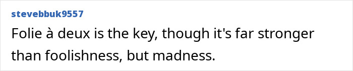 Text of a comment saying: Folie &agrave; deux is the key, though it's far stronger than foolishness, but madness.