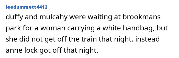 Screenshot of a comment from leedummett4412 about women near Britains railway stations and Anne Lock.