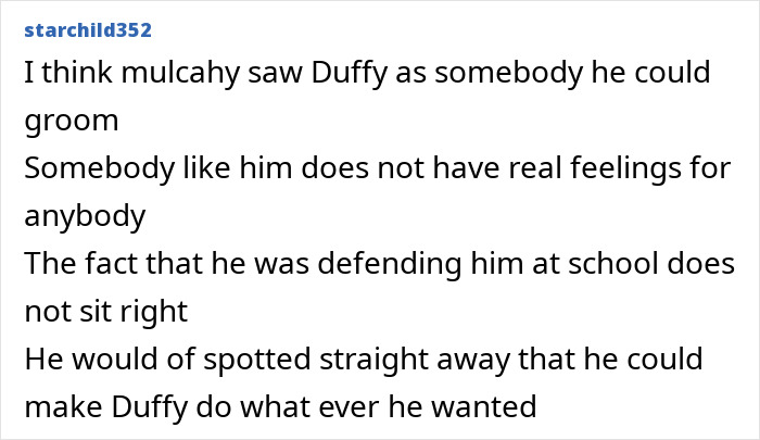 A comment about Mulcahy and Duffy, discussing the fear women near Britain's railway stations might have faced.