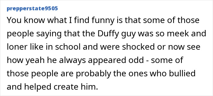 A comment about a person named Duffy, suggesting he was bullied, in the context of women's fear near railway stations.