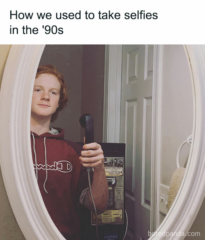 A blursed meme of a person taking a mirror selfie with a corded phone in the 90s.
