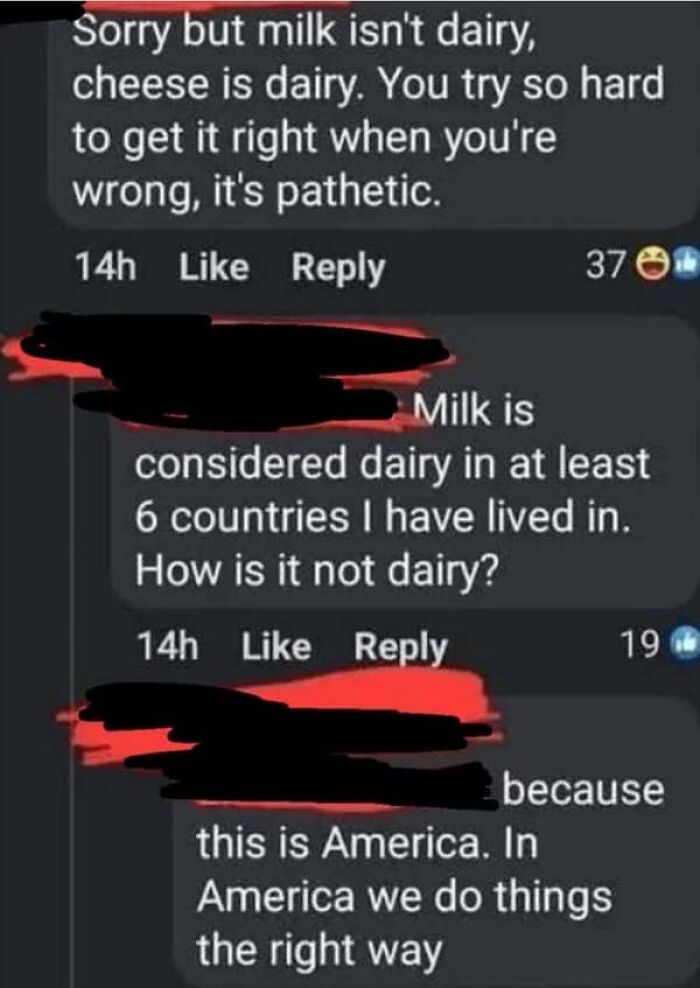 Social media comments arguing whether milk is dairy, with one user claiming America does things the right way, showing confused people.