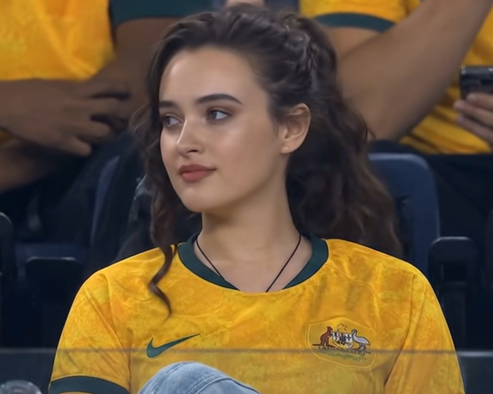 Unrecognizable former Netflix star captured at World Cup match, sporting an Australian team jersey. Unrecognizable former Netflix star captured at World Cup match, sporting an Australian team jersey.