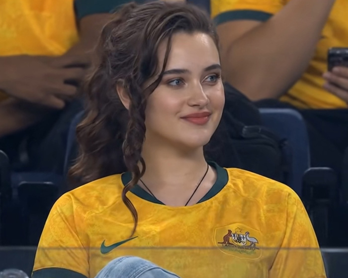 Former Netflix star at World Cup match, looking unrecognizable in an Australian jersey. Former Netflix star at World Cup match, looking unrecognizable in an Australian jersey.