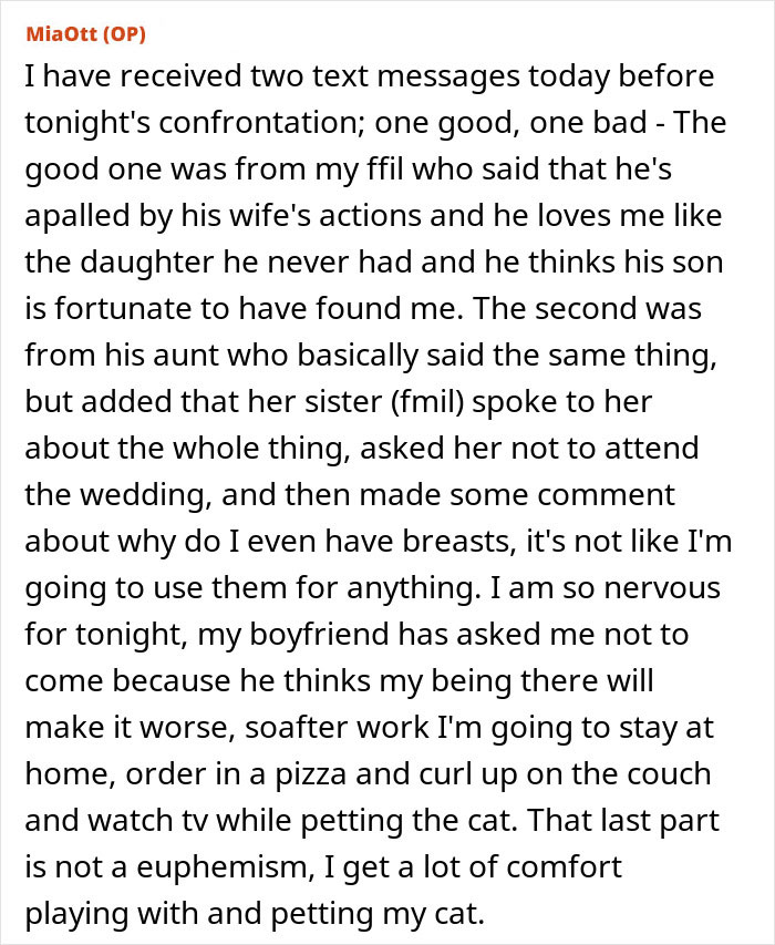 An update from the original poster discussing text messages about her future mother-in-law's actions.