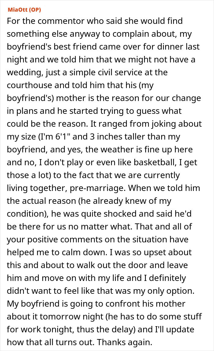 An update from the original poster detailing future mother-in-law trying to stop her son from marrying her.